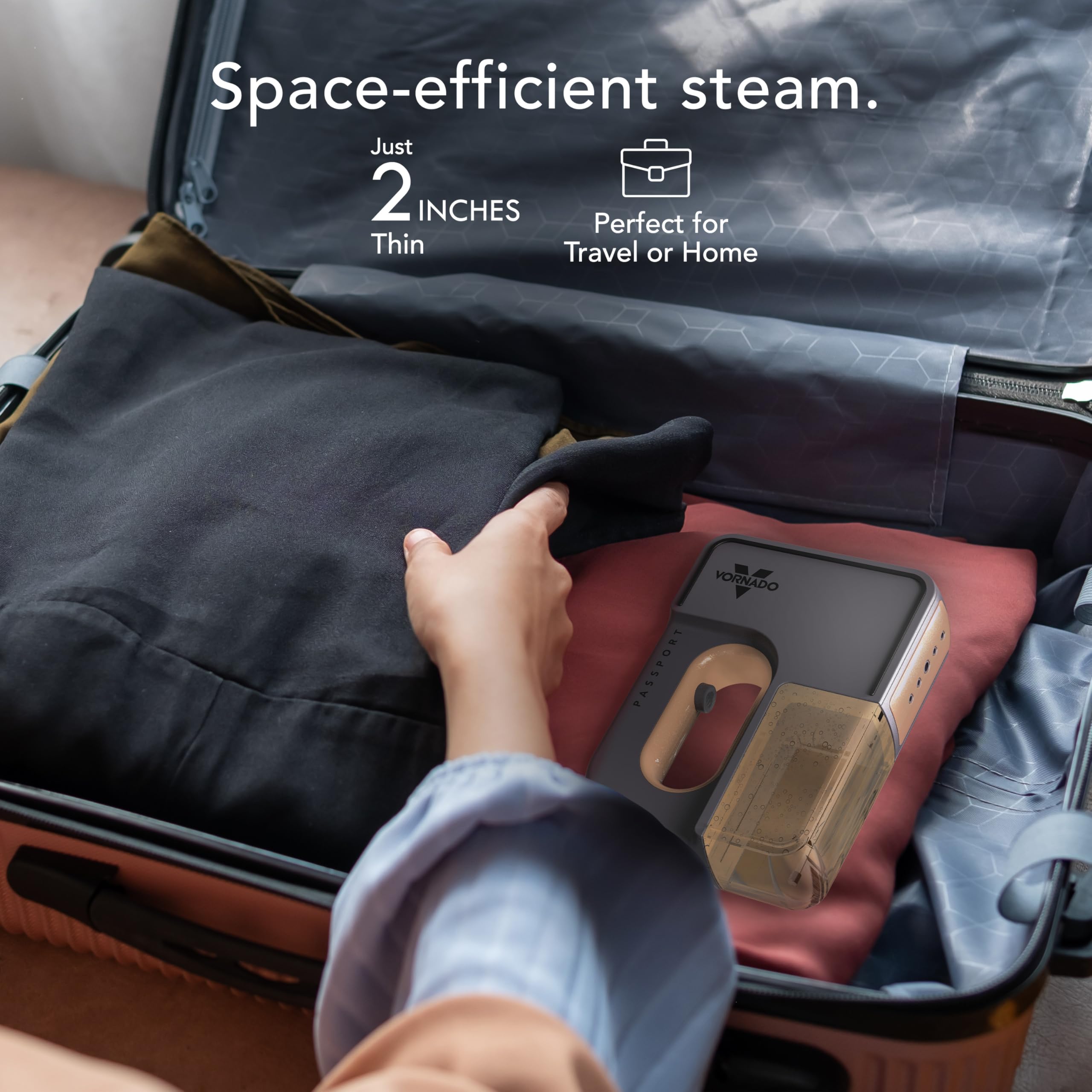 Person packing a suitcase with a space-efficient steam device, emphasizing its thinness and portability.