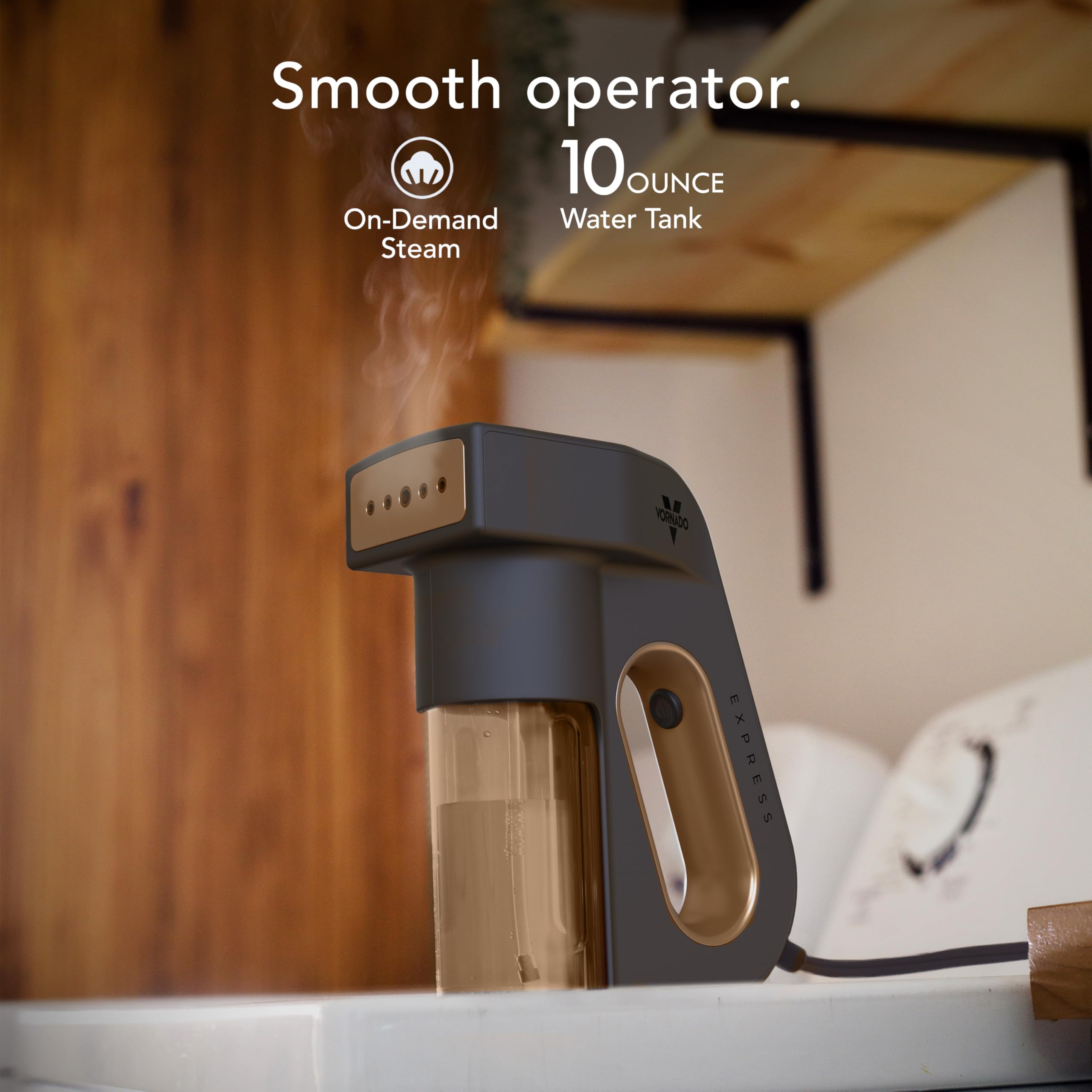 Steam cleaner with wooden handle on a blurred background