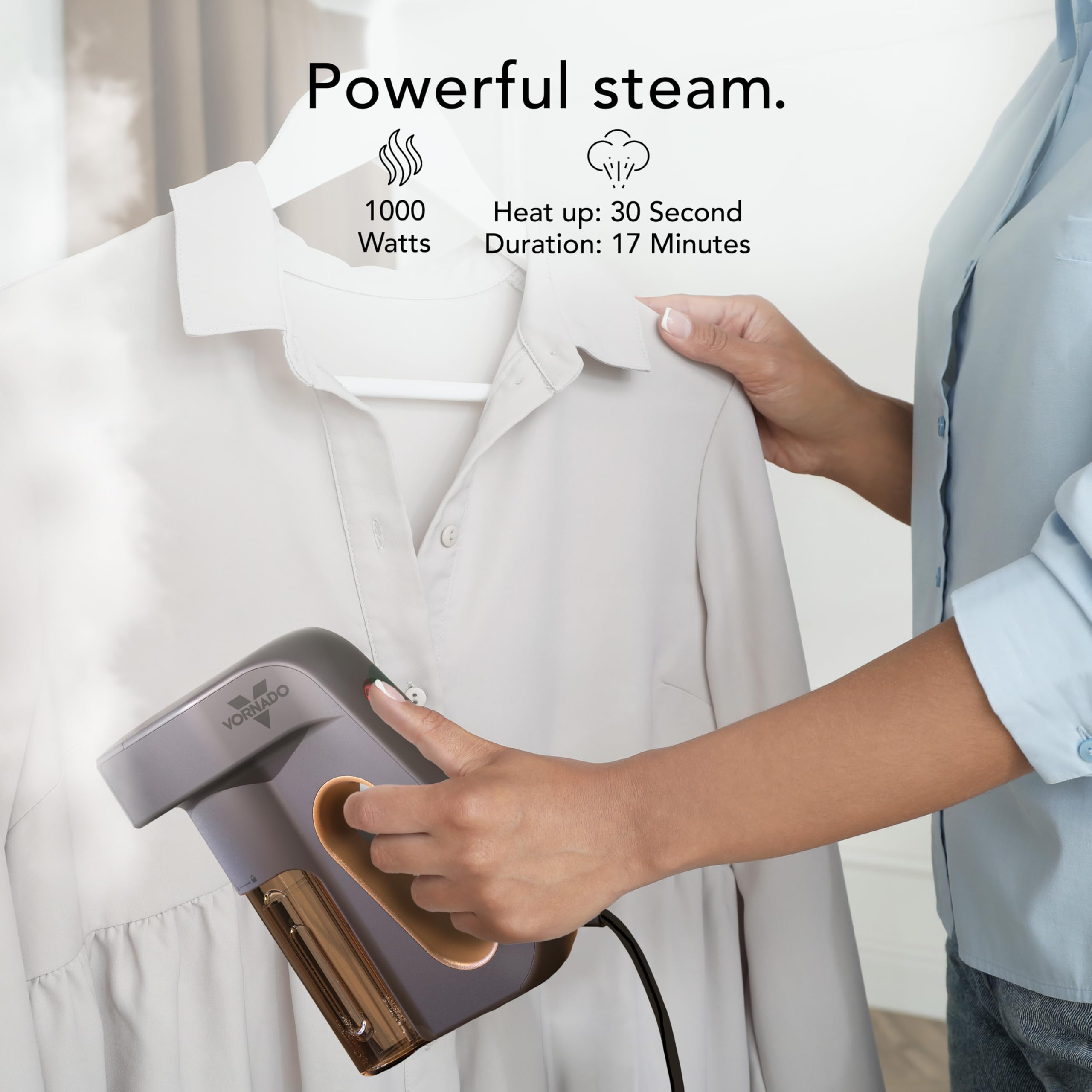 Person using a steam iron on a white shirt with product details displayed.