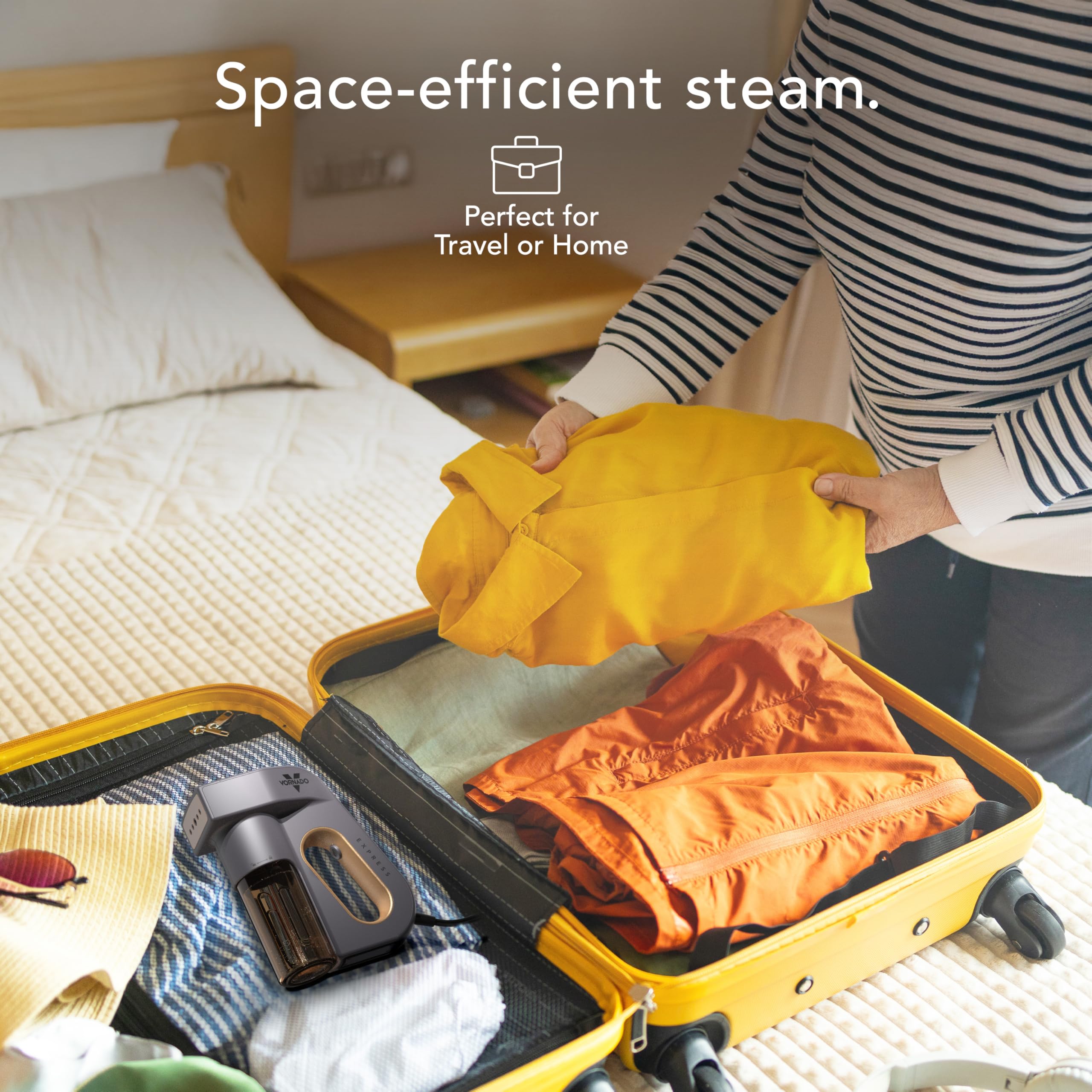 Person packing a yellow garment into an open suitcase with text about space-efficient steam.