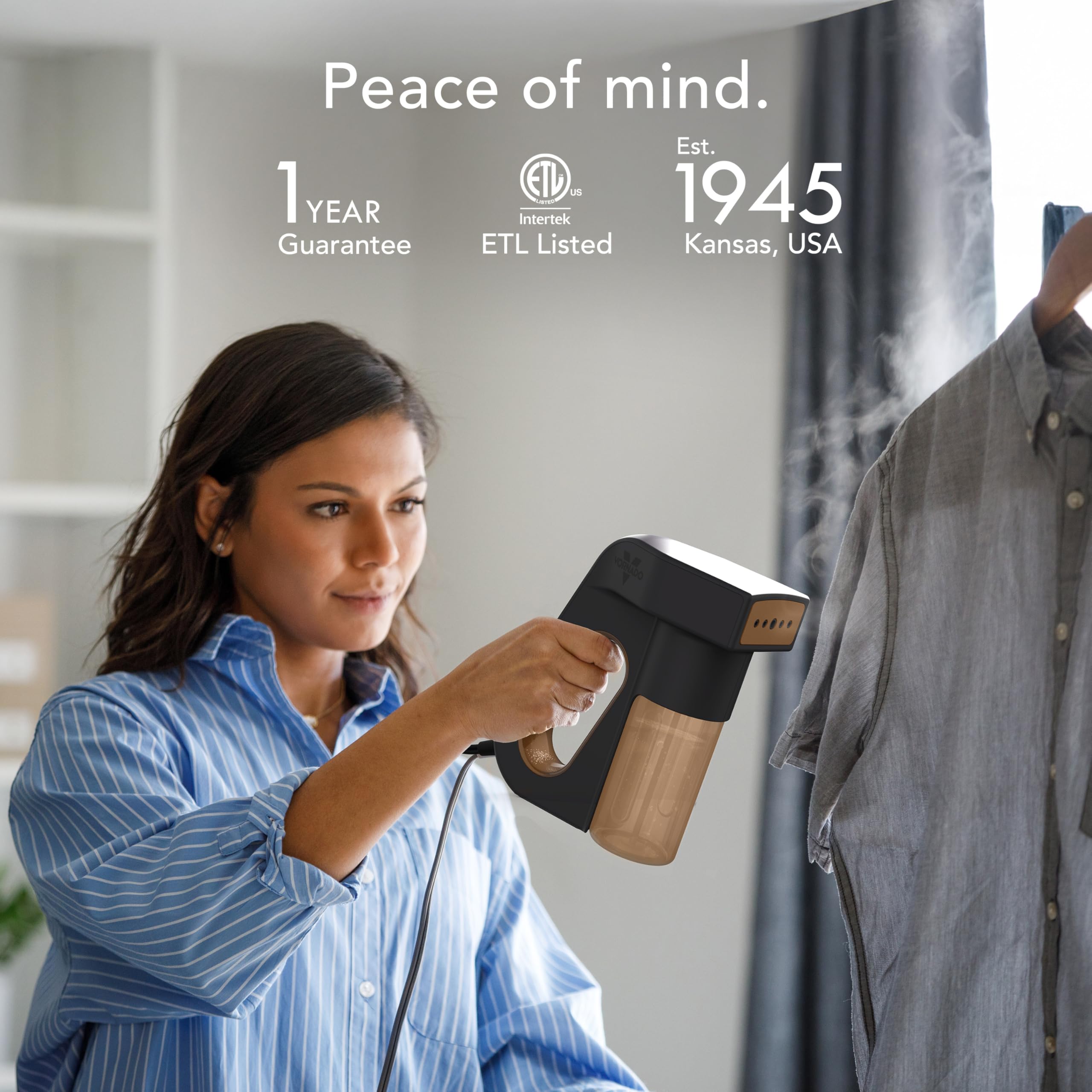 Woman using a handheld steamer to iron a shirt with text about product features and brand history.