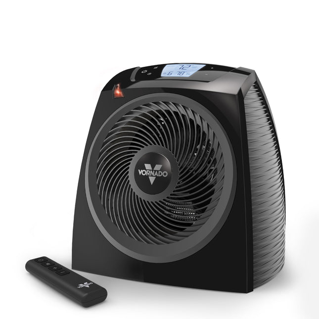 Black Vornado heater with digital display and remote control on a white background
