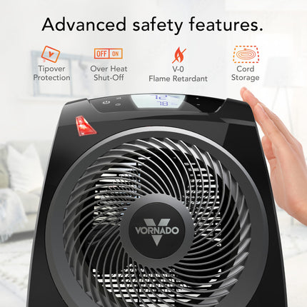 Vornado heater with safety feature icons and a hand touching the device.