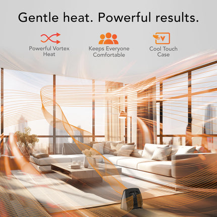Modern living room with a heating device, featuring text about heat and comfort.