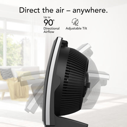 Black and silver fan with adjustable tilt feature on a white background