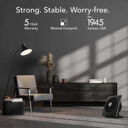 Modern living room with furniture and decor, featuring text about product attributes and establishment year.