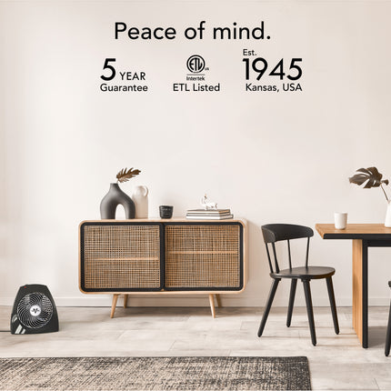 Modern interior with a cabinet, chair, and table, featuring text about product guarantees and establishment year.