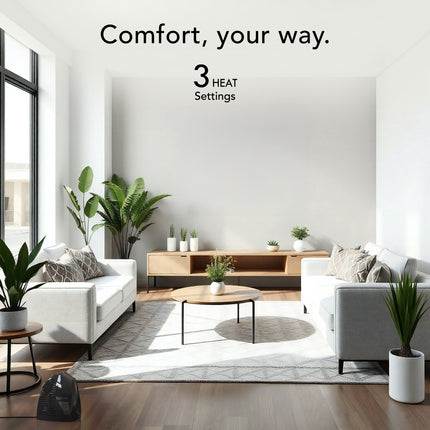 Modern living room with white sofas, wooden coffee table, and decorative plants. Text 'Comfort, your way.