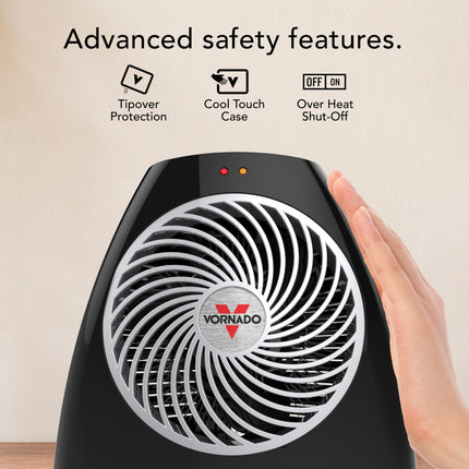 Vornado heater with safety features highlighted on a beige background