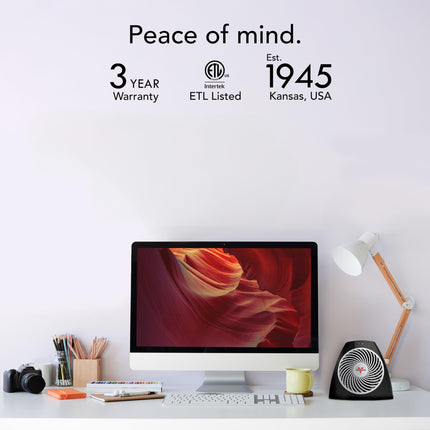 Computer monitor on a desk with text about warranty and listing on a white background