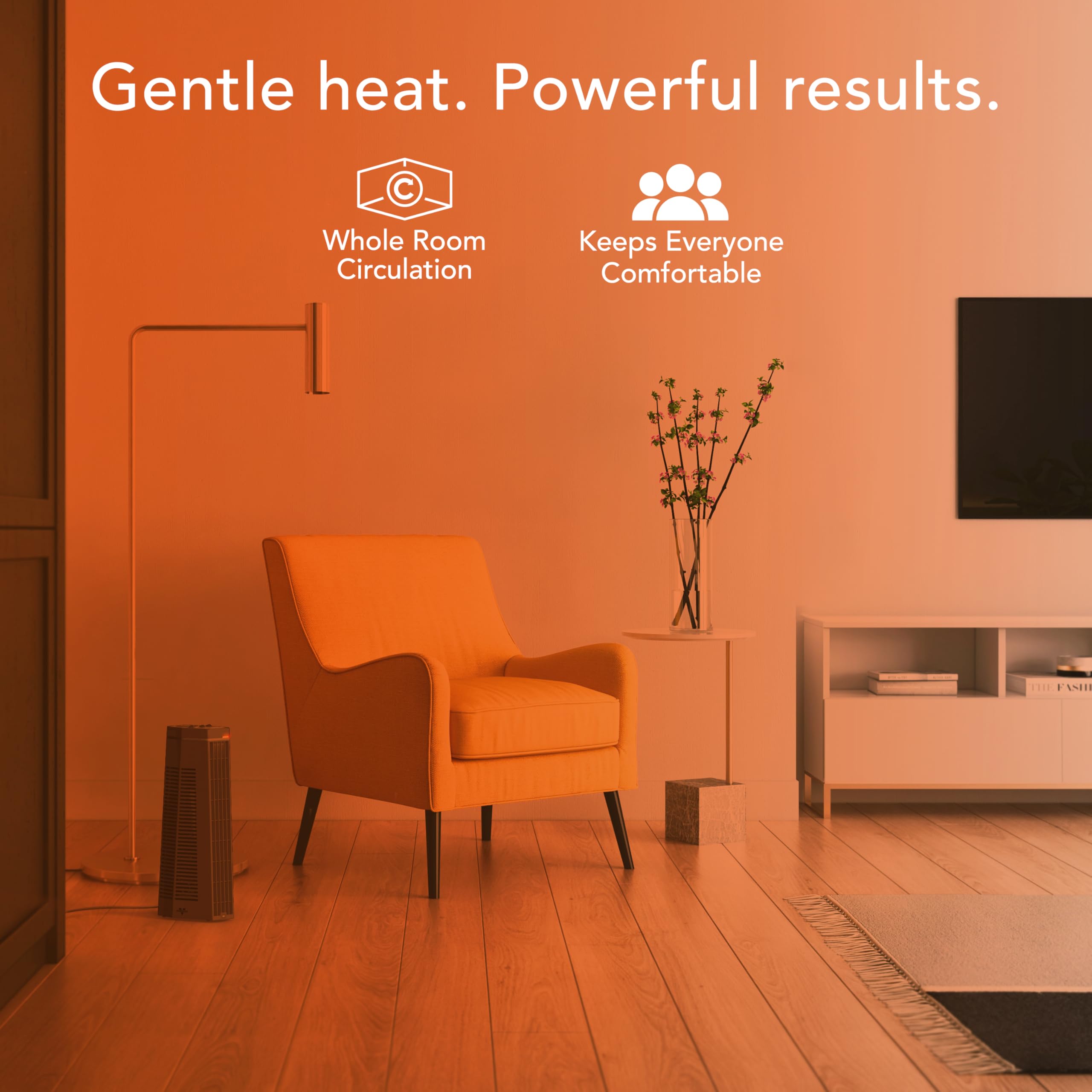 Living room with warm lighting, chair, and TV, featuring text about heating system benefits.