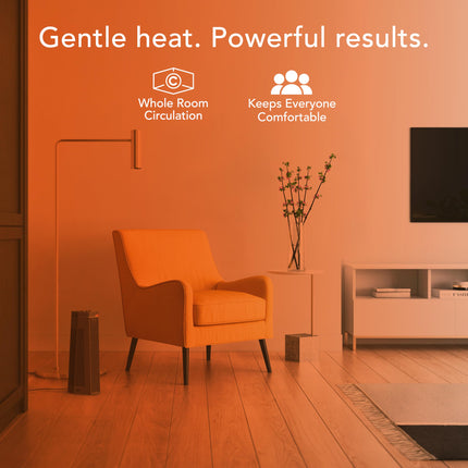 Living room with warm lighting, chair, and TV, featuring text about heating system benefits.