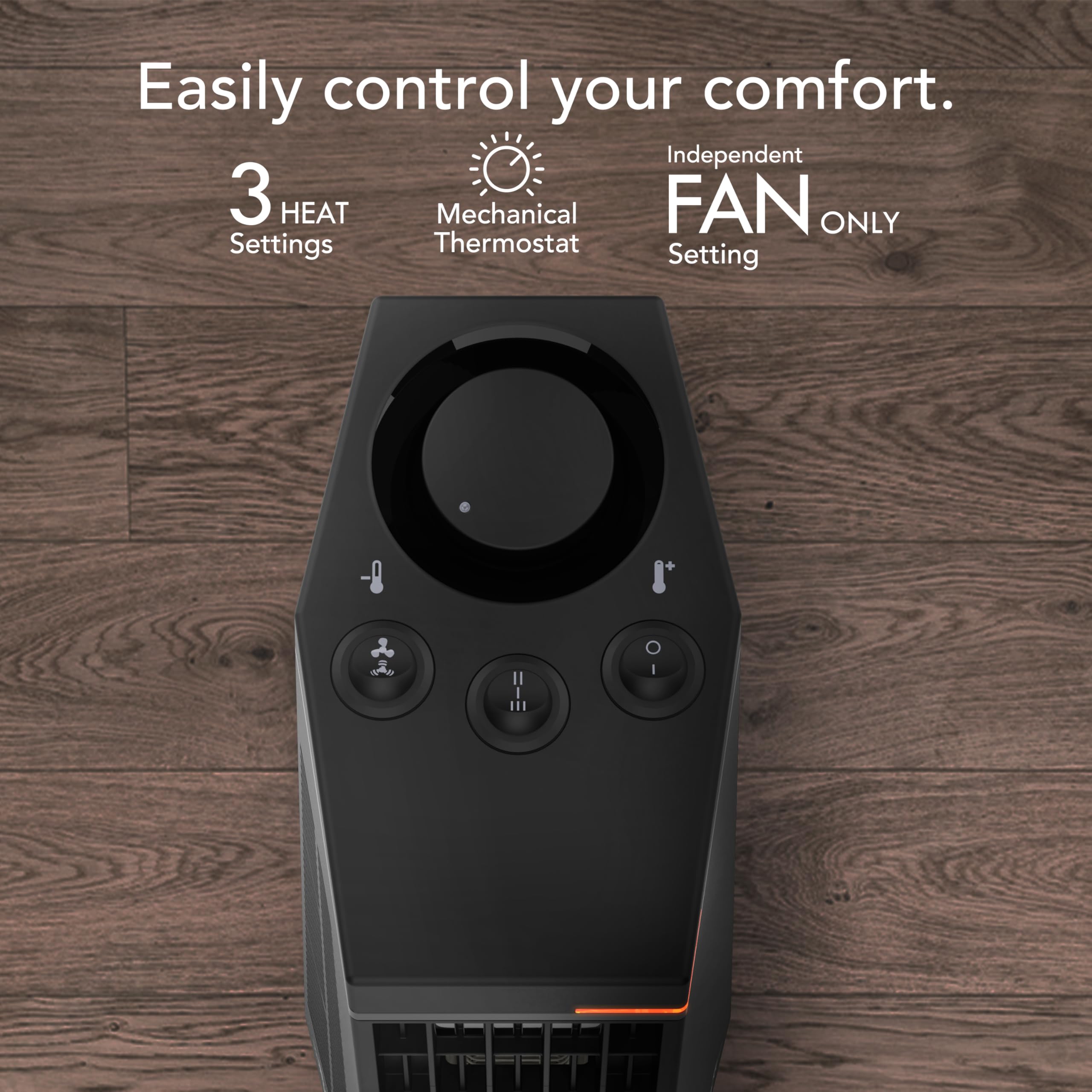 Black fan heater with control buttons on a wooden surface, featuring text about control settings.