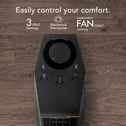 Black fan heater with control buttons on a wooden surface, featuring text about control settings.