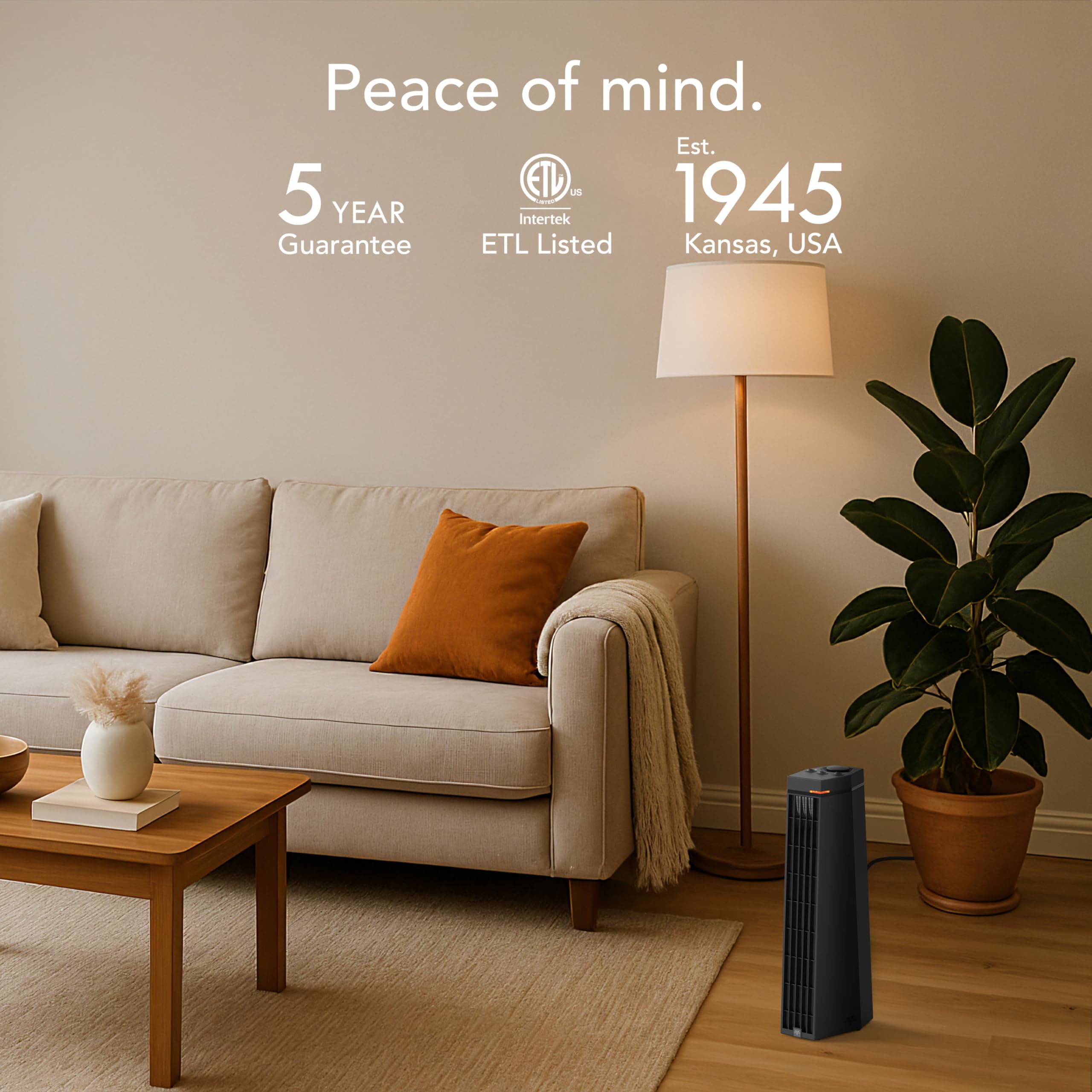 space heater in a living room with a couch, lamp, and plant, featuring Eureka branding and certification logos.