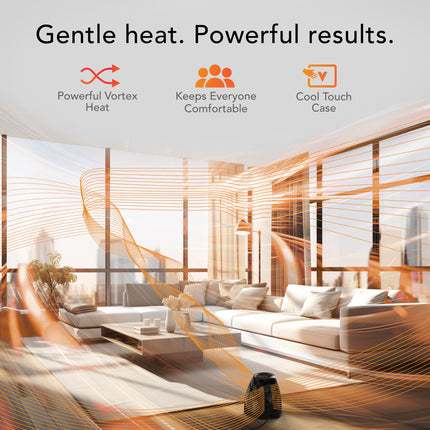 Modern living room with a heating device, featuring text about heat and comfort.