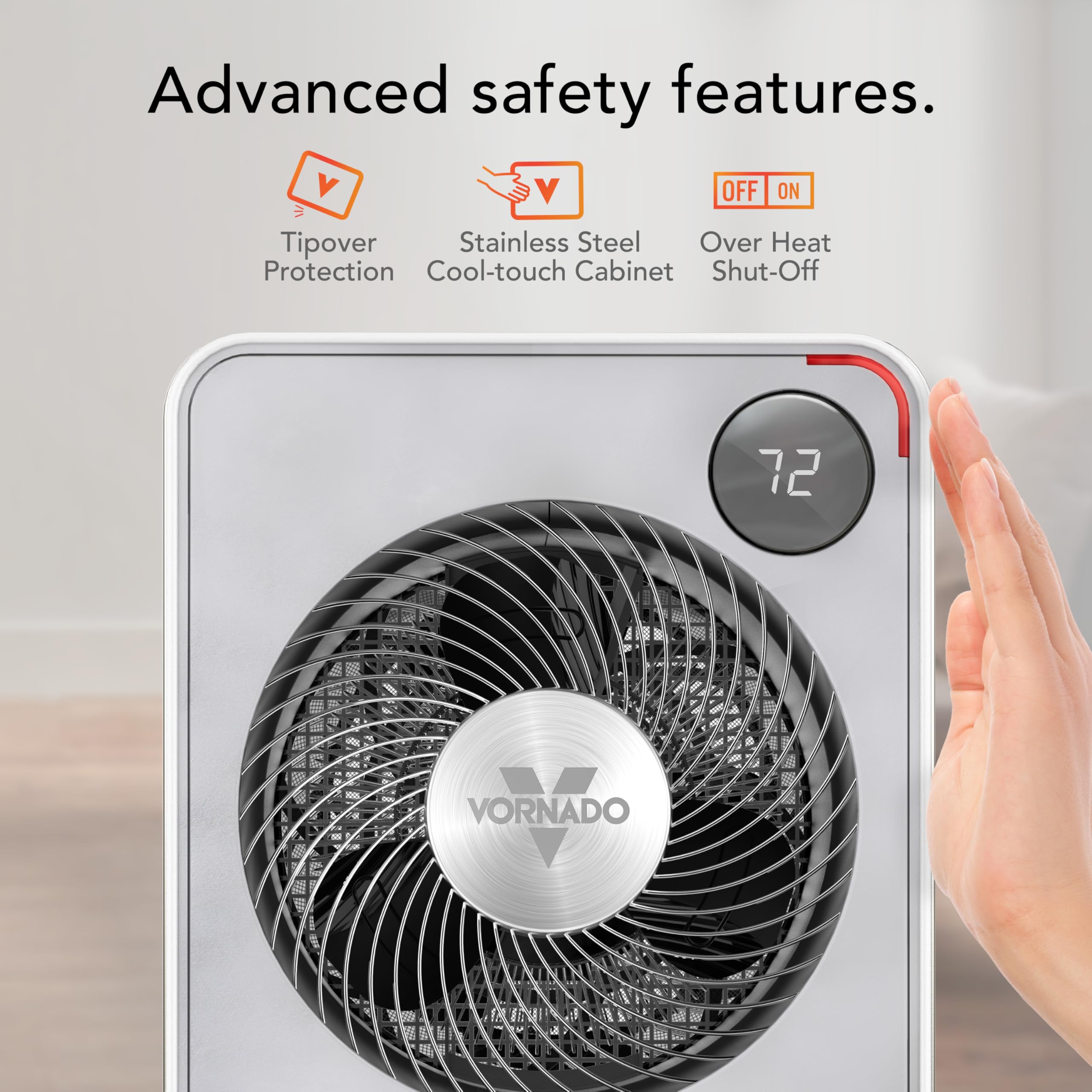 Vornado Space heater with safety features highlighted on a gray background