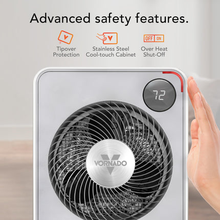 Vornado Space heater with safety features highlighted on a gray background