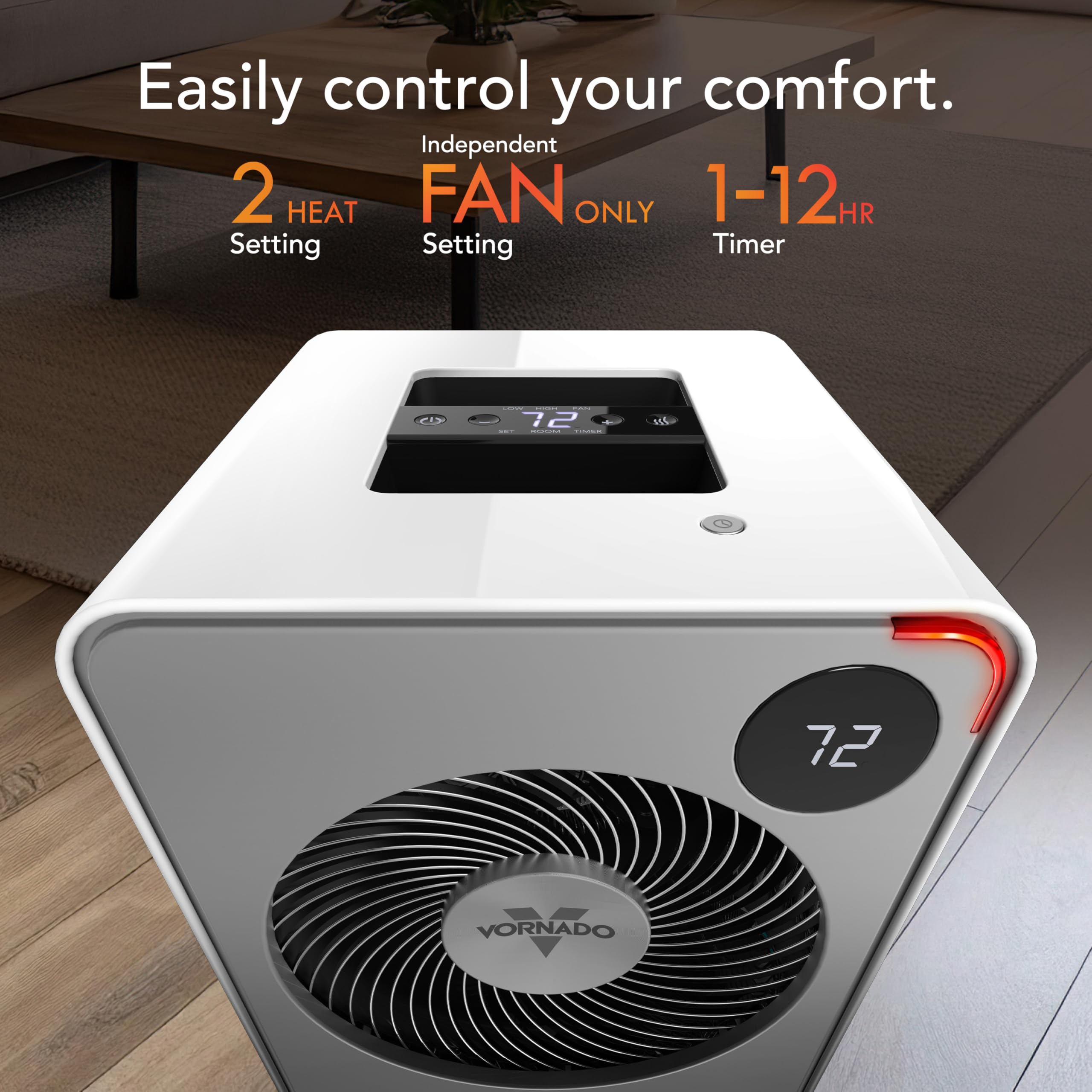 White and gray space heater with digital display on a wooden floor.