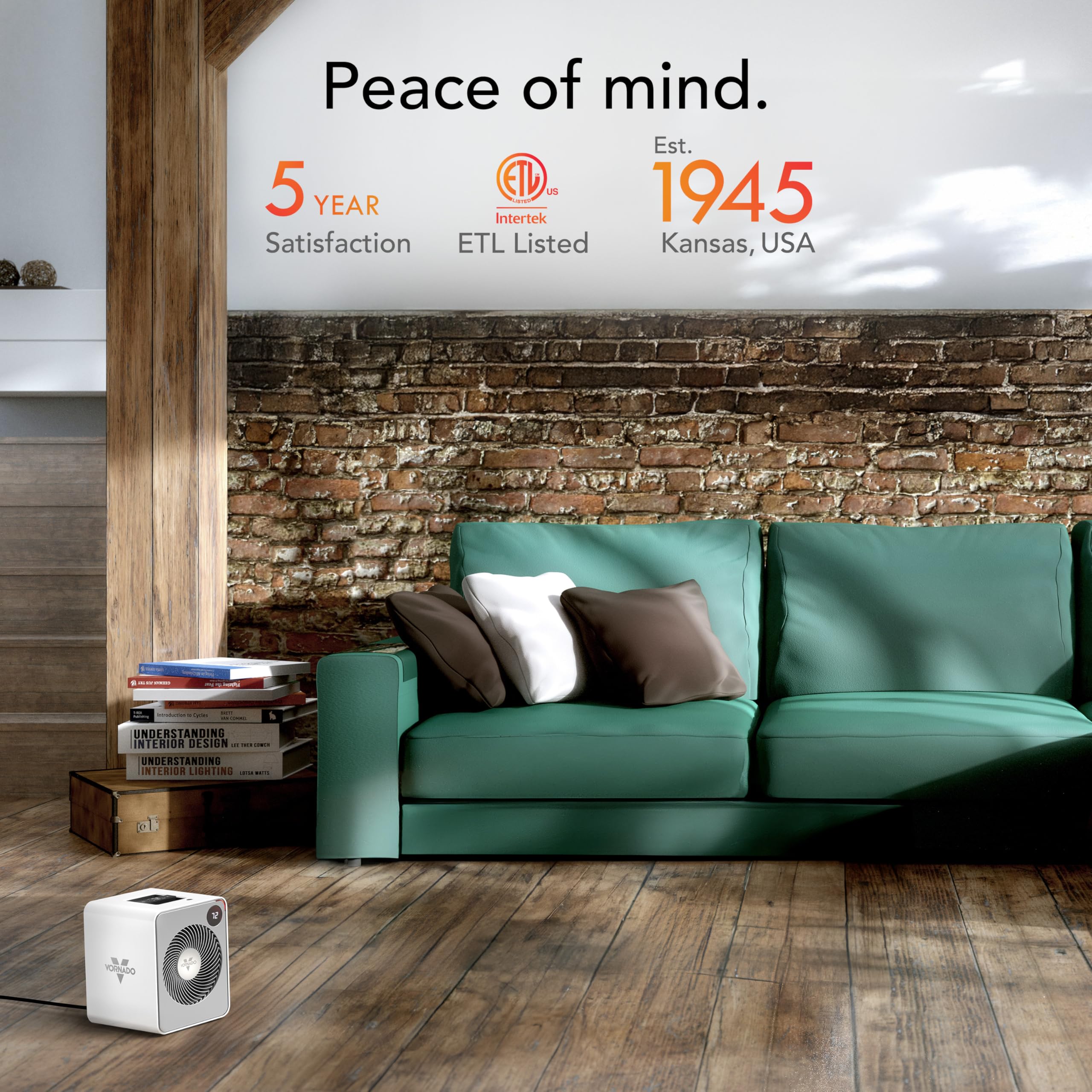 Green sofa with decorative pillows in a room with a brick wall and wooden floor, featuring text about product assurance and origin.