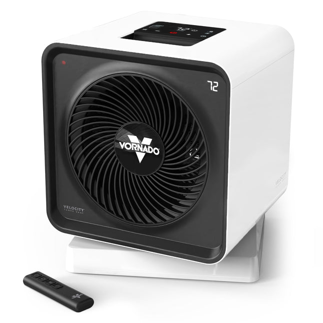 Vornado space heater with remote control on a white background