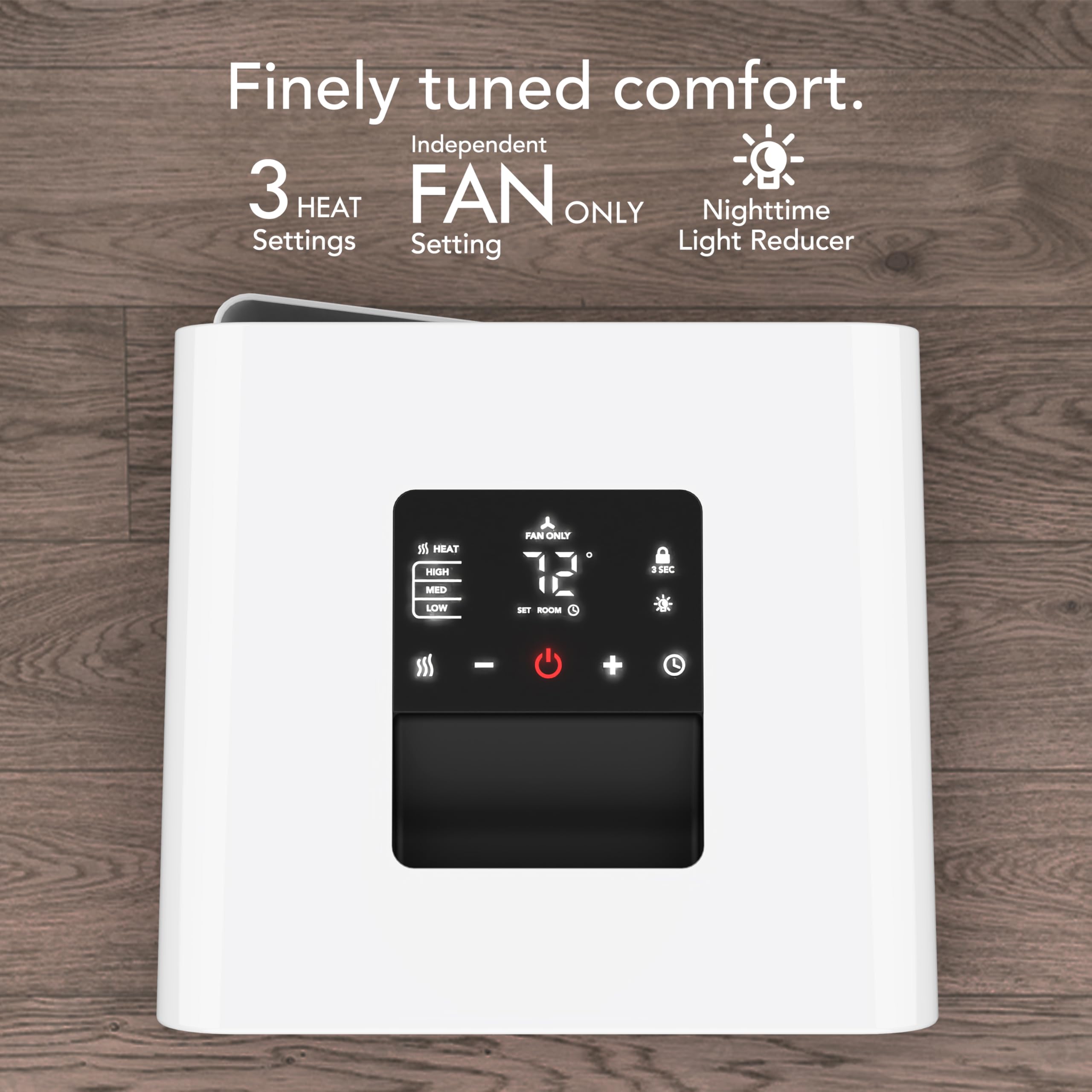 White space heater with digital control panel on a wooden background