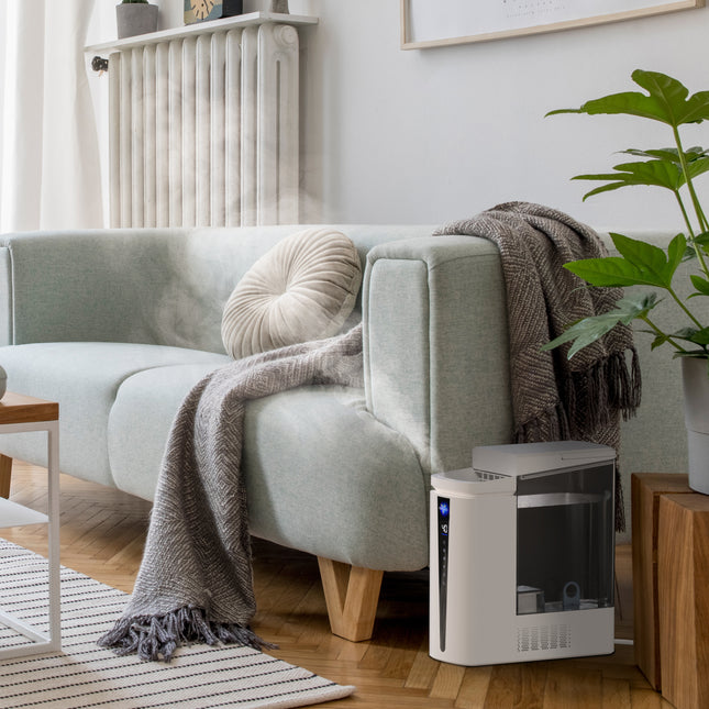 Living room with a gray sofa, plant, and a white humidifier on a wooden floor.
