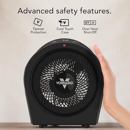 Black Vornado fan with safety features highlighted on a light background