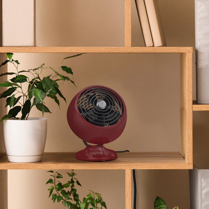 Red vintage-style fan on a wooden shelf with a plant and books in the background