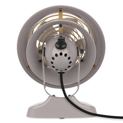 Vintage-style desk fan with metallic finish on a white background
