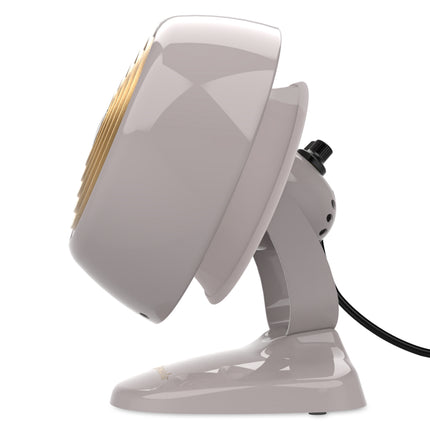 Gray hair dryer with gold accents on a white background