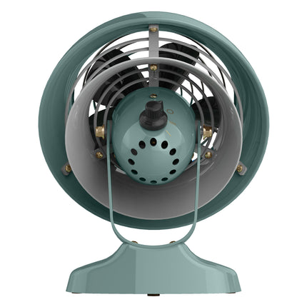 Vintage-style fan with a teal and gray design on a white background