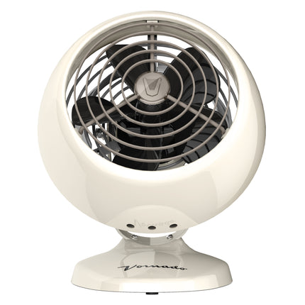 White vintage-style fan with black blades on a white background