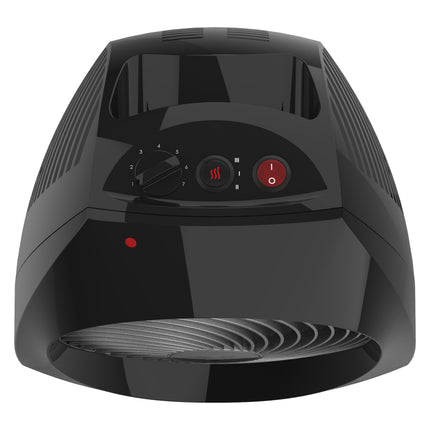 Black space heater with control panel on a white background
