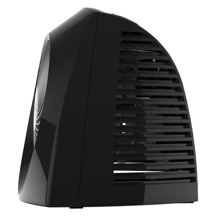 Black space heater with a side panel on a white background
