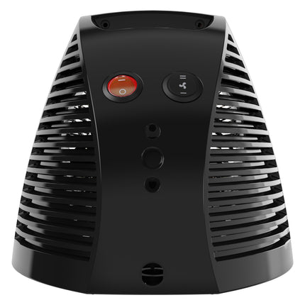 Black fan heater with control buttons on a white background