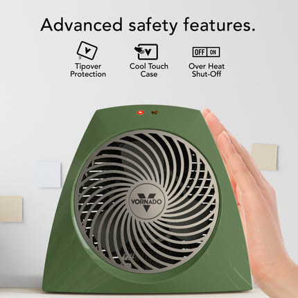 Green Vornado heater with safety features text on a white background