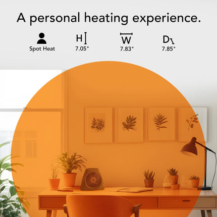 Personal heating device with dimensions displayed over a warm-toned office setting.