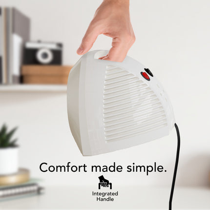 Hand holding a white electric heater with 'Comfort made simple' text and 'Integrated Handle' label.