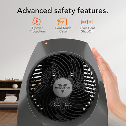 Vornado heater with safety features highlighted on a neutral background