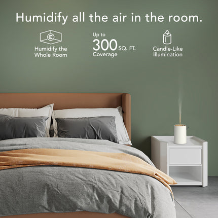 Bedroom with a humidifier on a nightstand, featuring text about its features.