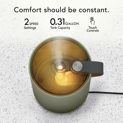 Portable humidifier with features listed on a light gray background