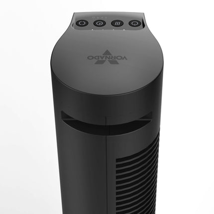 Black tower fan with control buttons on a white background