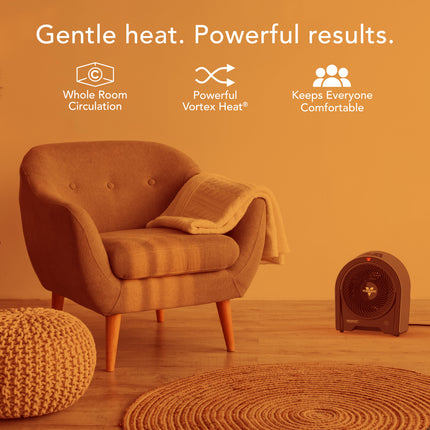 Brown armchair with a blanket next to a small heater on an orange background with text about product features.