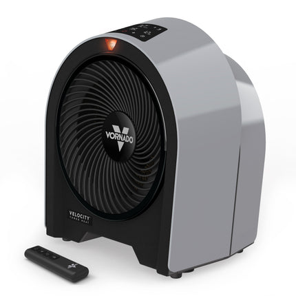 Vornado electric heater with remote control on a white background