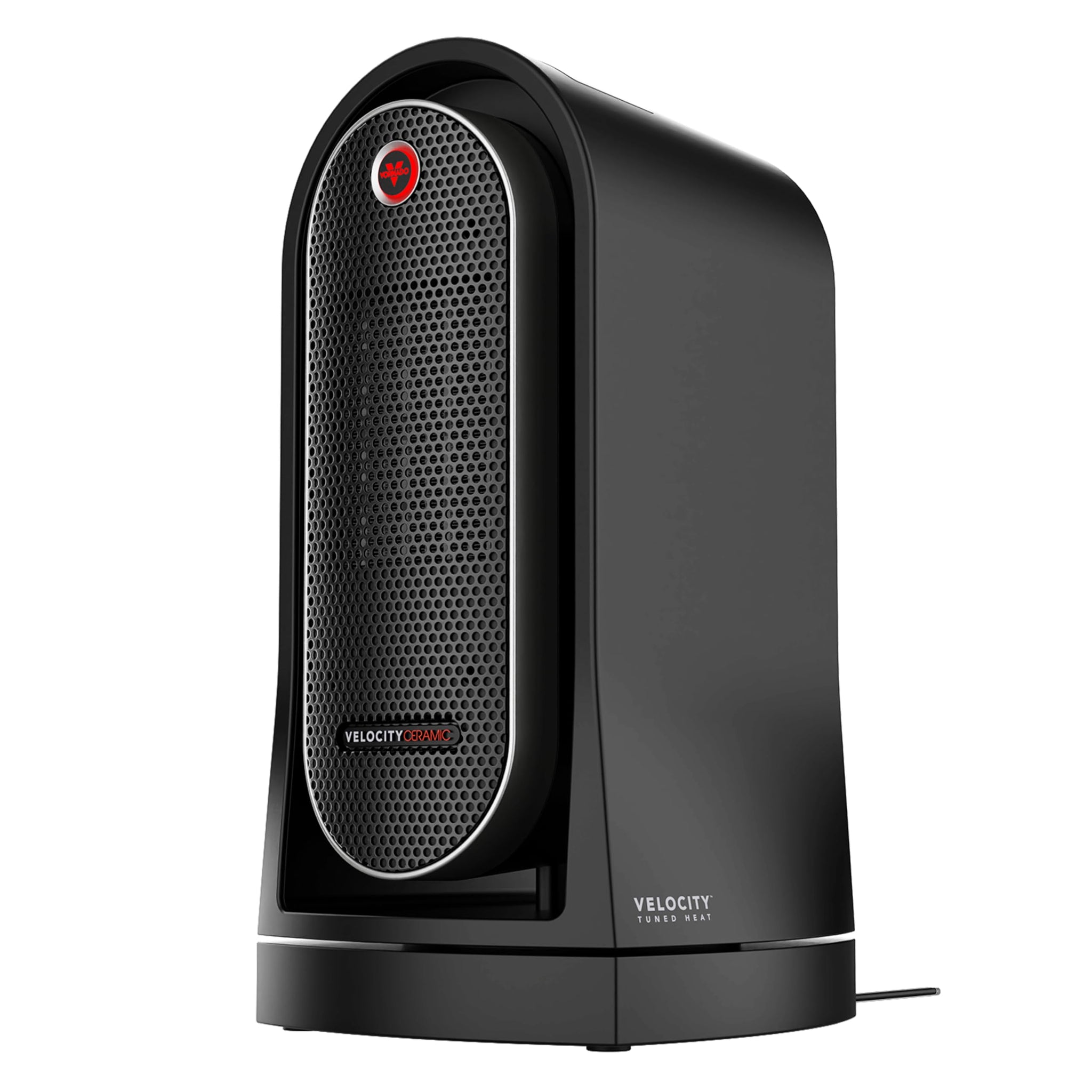 Black ceramic heater with Velocity Heat branding on a white background
