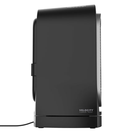 Black tower heater with 'Velocity' branding on a white background