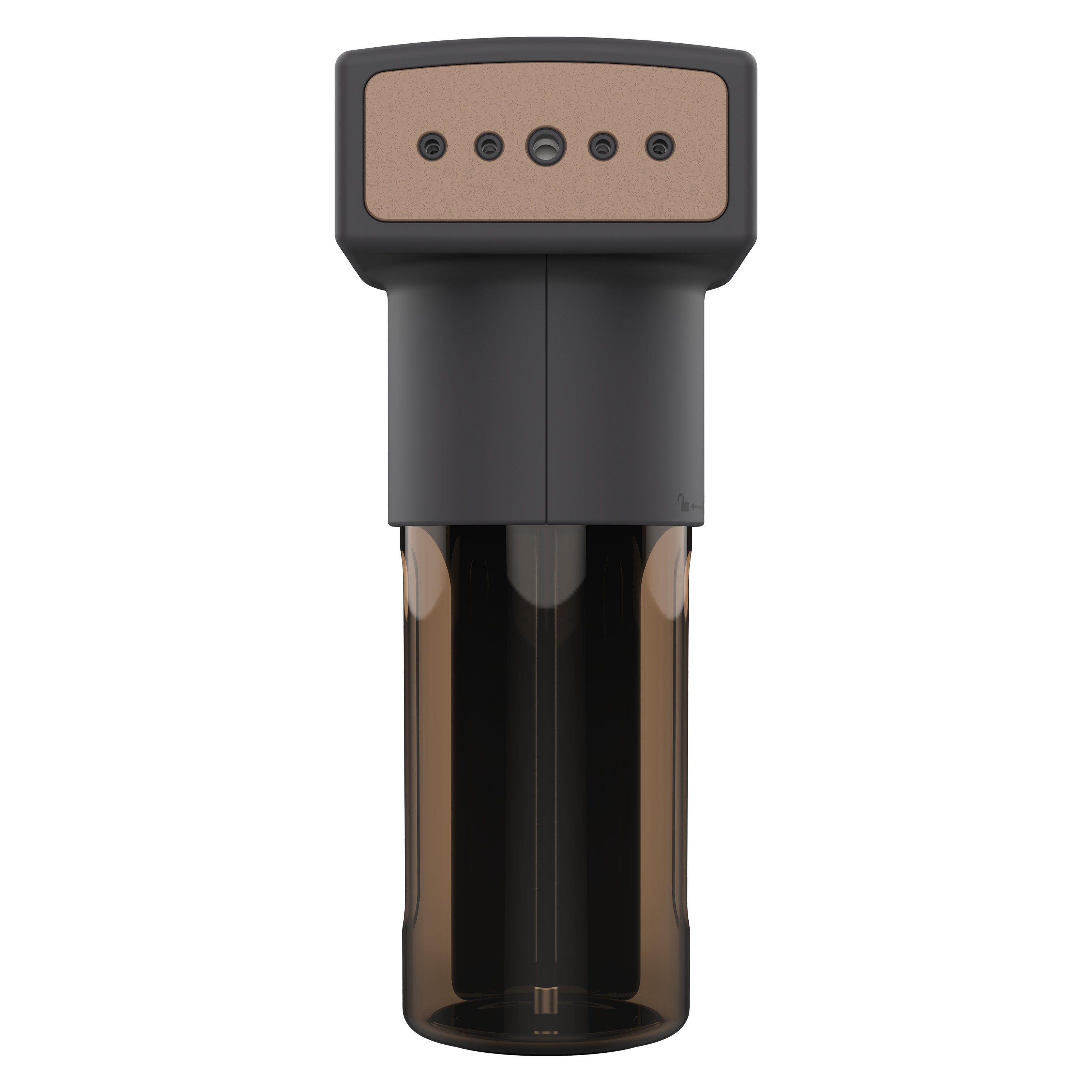 Black and brown garment steamer with a modern cap on a white background