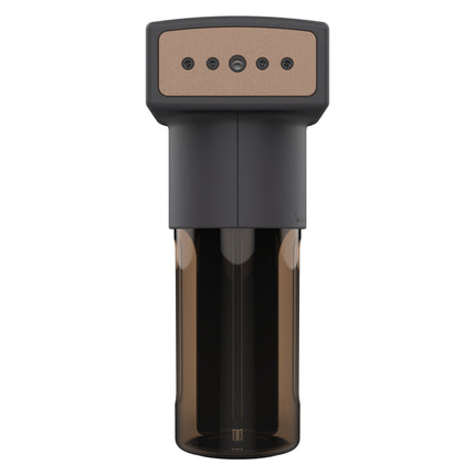 Black and brown garment steamer with a modern cap on a white background