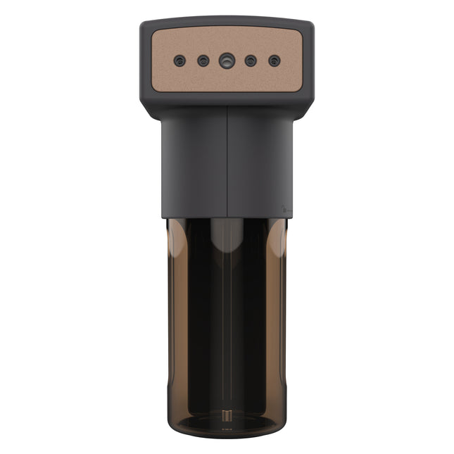 Black and brown garment steamer with a modern cap on a white background